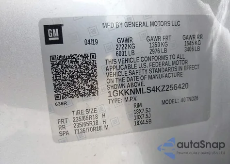 2019 GMC Acadia Slt-1 из США, поврежденный, VIN 1GKKNMLS4KZ256420